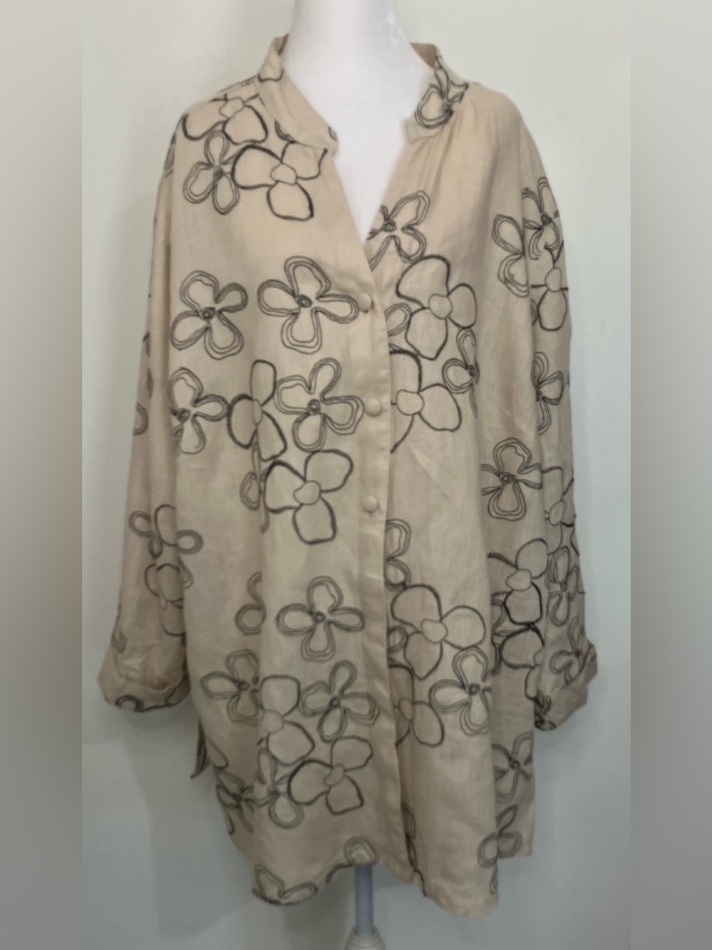 Carroll Reed 100% Linen Top Women's 3X Embroidered Floral Button Tan Breathable